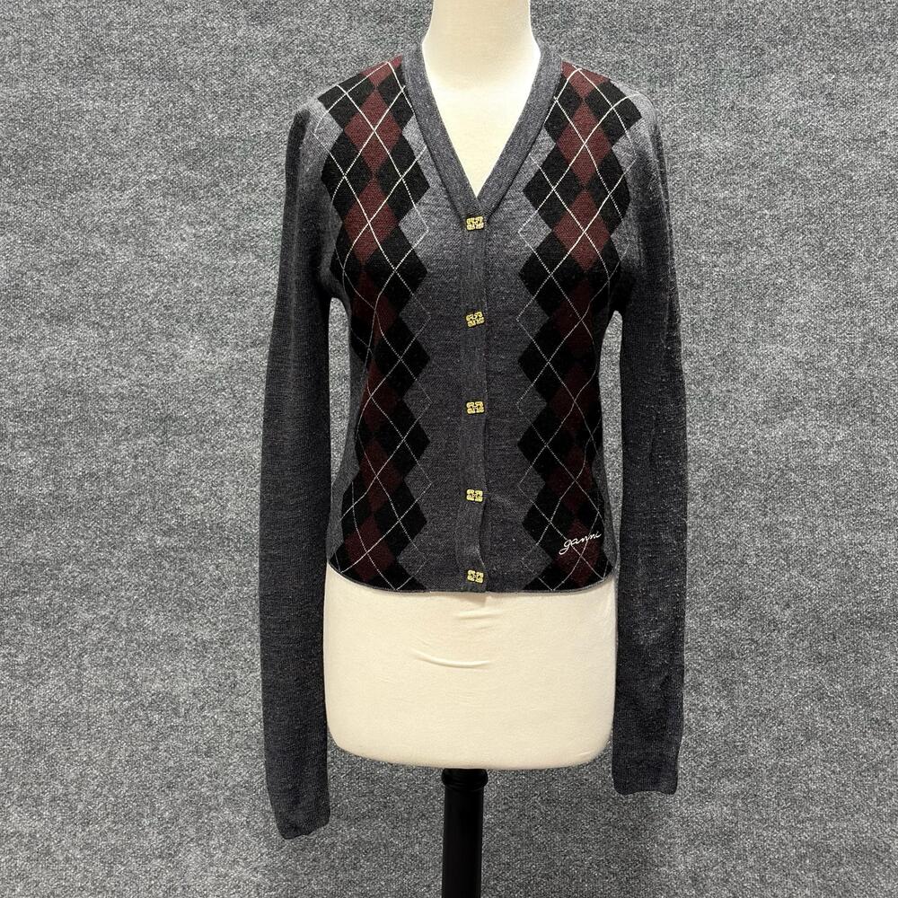 Ganni Cardigan Sweater Womens Large Gray Argyle V Neck Button Knit Logo Preppy
